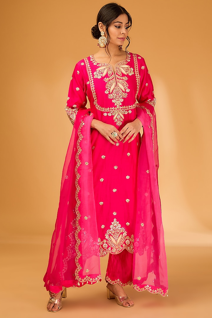 Hot Pink Spun Silk Pearl Embroidered Kurta Set by SURBHI SHAH at Pernia's Pop Up Shop