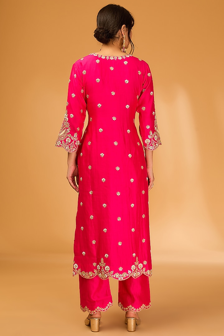 Hot Pink Spun Silk Pearl Embroidered Kurta Set by SURBHI SHAH at Pernia's Pop Up Shop