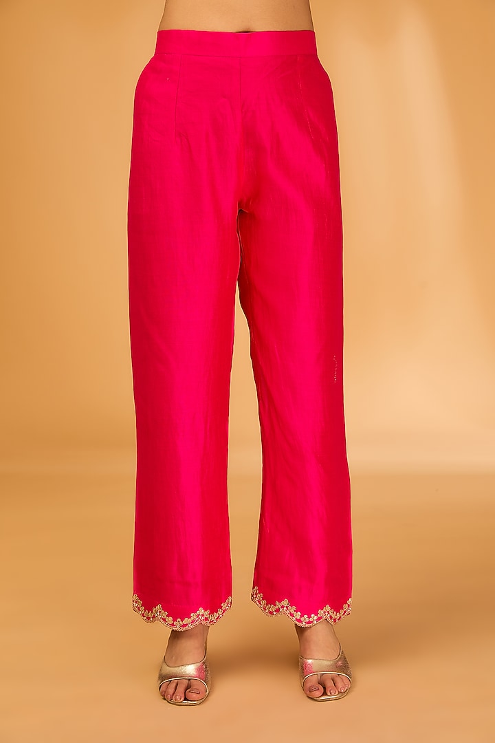 Hot Pink Spun Silk Pearl Embroidered Kurta Set by SURBHI SHAH at Pernia's Pop Up Shop