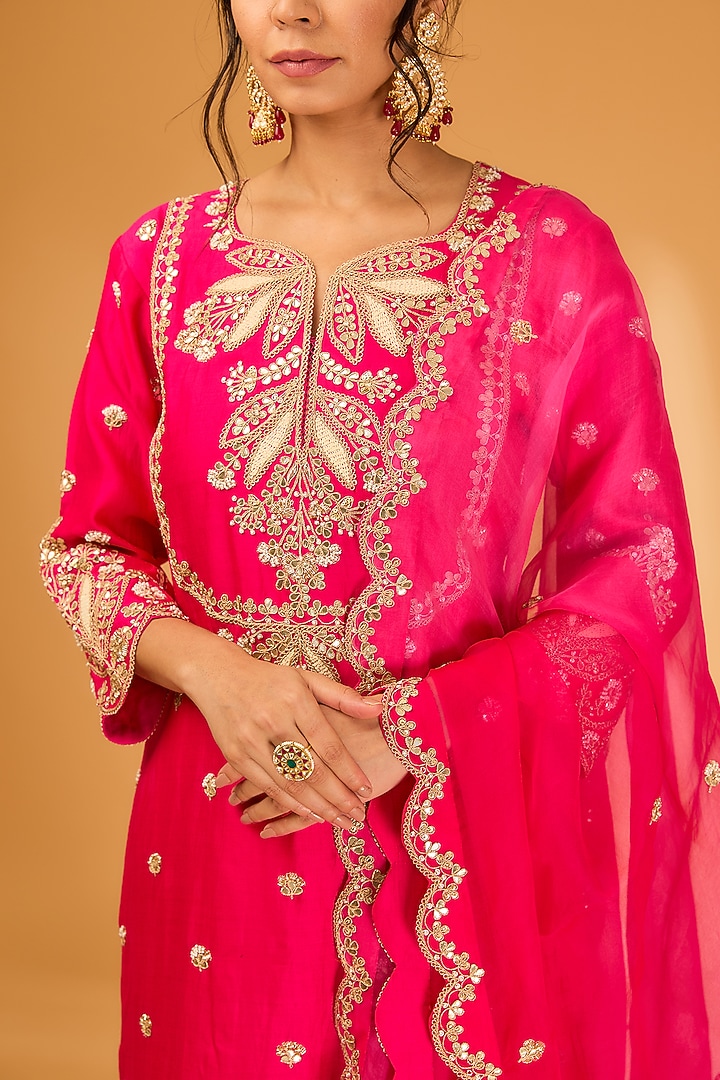 Hot Pink Spun Silk Pearl Embroidered Kurta Set by SURBHI SHAH at Pernia's Pop Up Shop