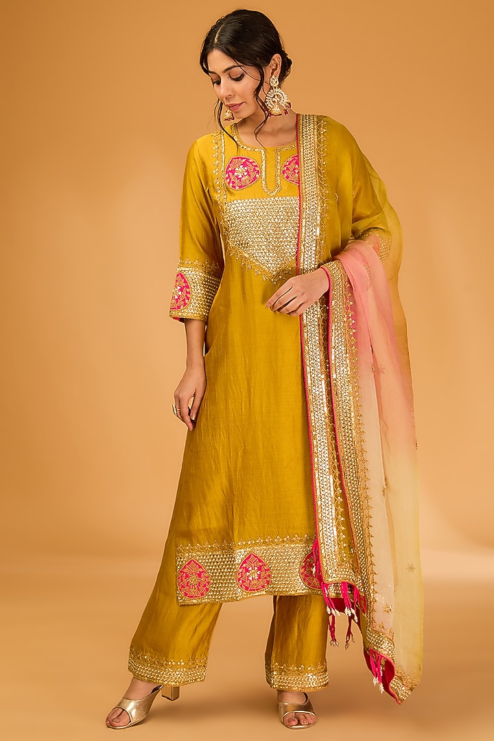 Mustard Yellow Spun Silk Marori Embroidered Kurta Set by SURBHI SHAH at Pernia's Pop Up Shop