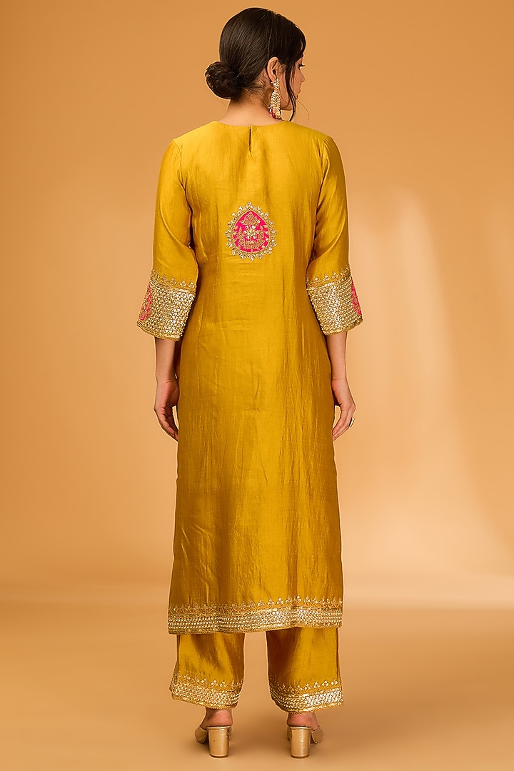 Mustard Yellow Spun Silk Marori Embroidered Kurta Set by SURBHI SHAH at Pernia's Pop Up Shop