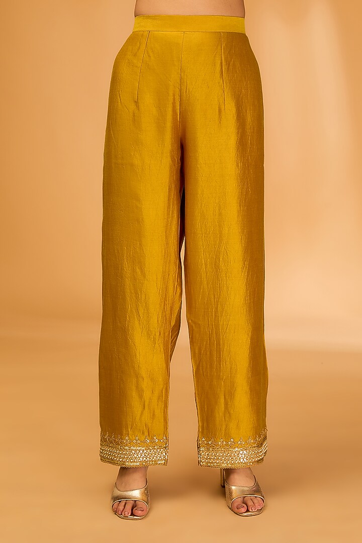 Mustard Yellow Spun Silk Marori Embroidered Kurta Set by SURBHI SHAH at Pernia's Pop Up Shop
