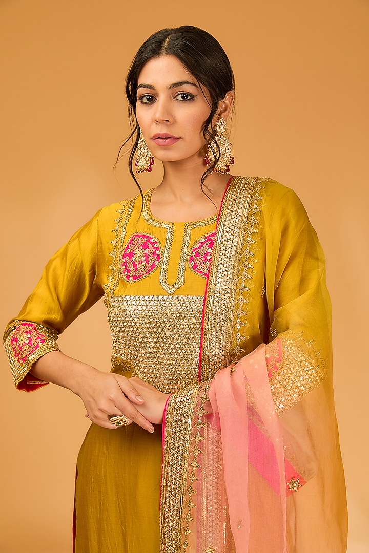 Mustard Yellow Spun Silk Marori Embroidered Kurta Set by SURBHI SHAH at Pernia's Pop Up Shop