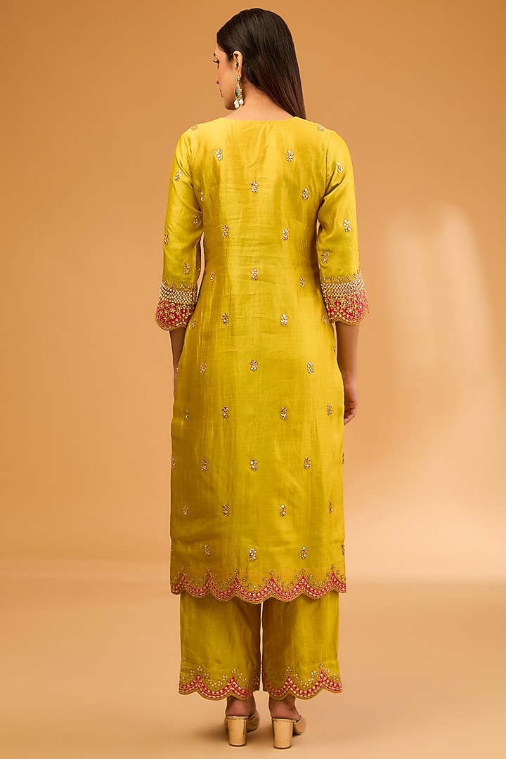 Yellow Spun Silk Marori Embroidered Kurta Set by SURBHI SHAH at Pernia's Pop Up Shop