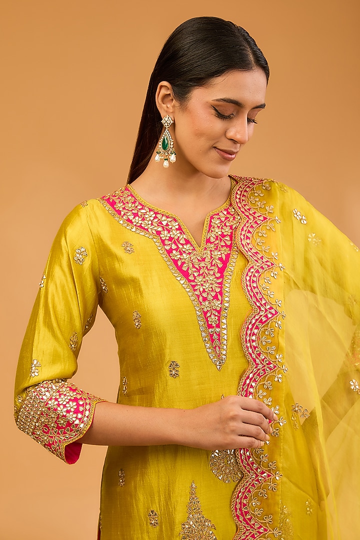 Yellow Spun Silk Marori Embroidered Kurta Set by SURBHI SHAH at Pernia's Pop Up Shop