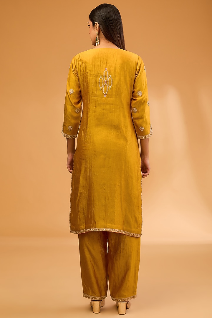 Mustard Yellow Spun Silk Marori & Cutdana Embroidered Kurta Set by SURBHI SHAH at Pernia's Pop Up Shop