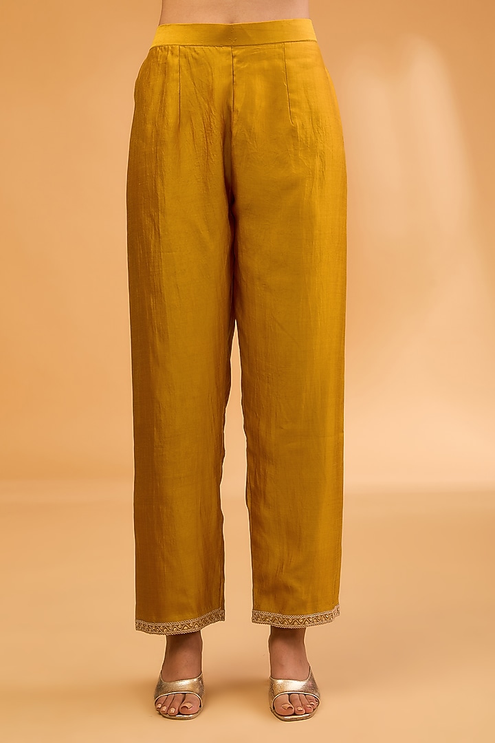 Mustard Yellow Spun Silk Marori & Cutdana Embroidered Kurta Set by SURBHI SHAH at Pernia's Pop Up Shop