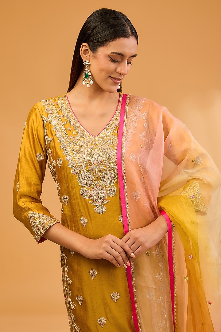 Mustard Yellow Spun Silk Marori & Cutdana Embroidered Kurta Set by SURBHI SHAH at Pernia's Pop Up Shop