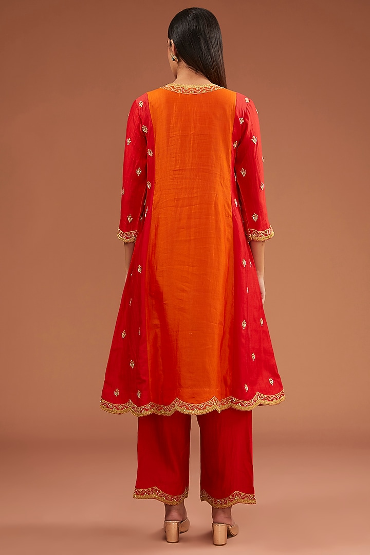 Orange-Red Pure Spun Silk Marori Work Kurta Set by SURBHI SHAH at Pernia's Pop Up Shop
