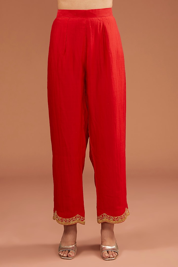 Orange-Red Pure Spun Silk Marori Work Kurta Set by SURBHI SHAH at Pernia's Pop Up Shop