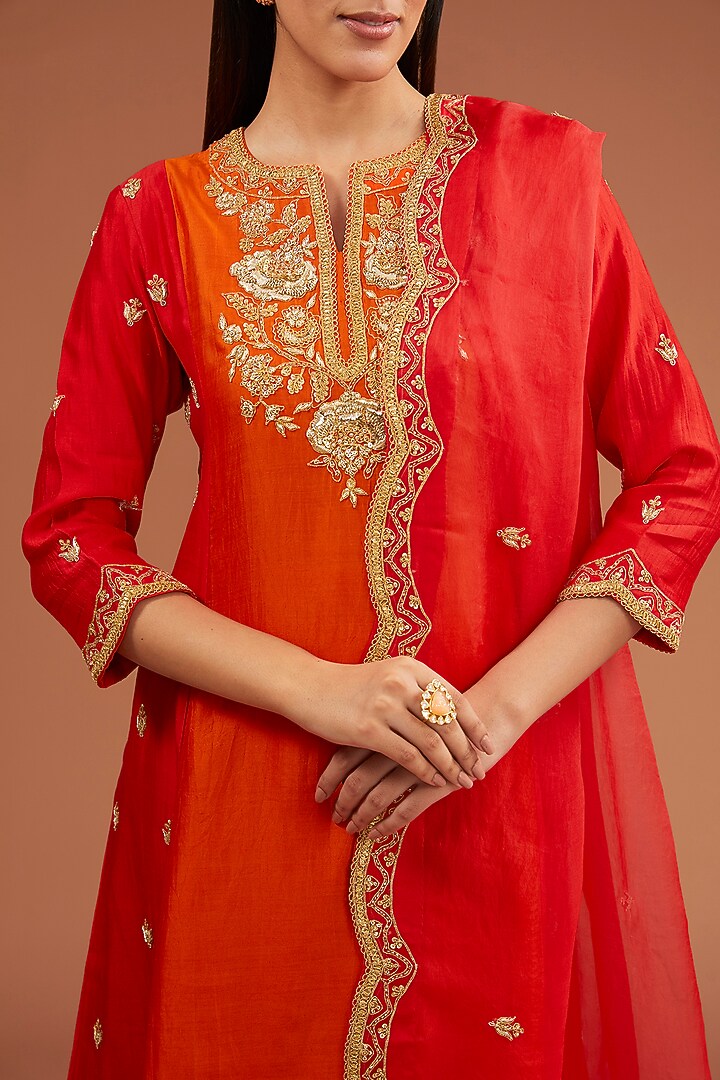 Orange-Red Pure Spun Silk Marori Work Kurta Set by SURBHI SHAH at Pernia's Pop Up Shop