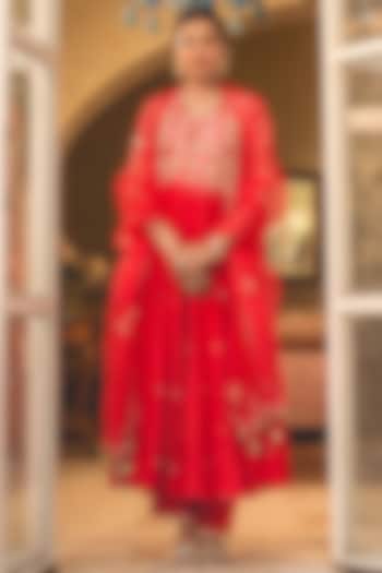 Sunset Orange Spun Silk Angrakha Kurta Set by SURBHI SHAH at Pernia's Pop Up Shop