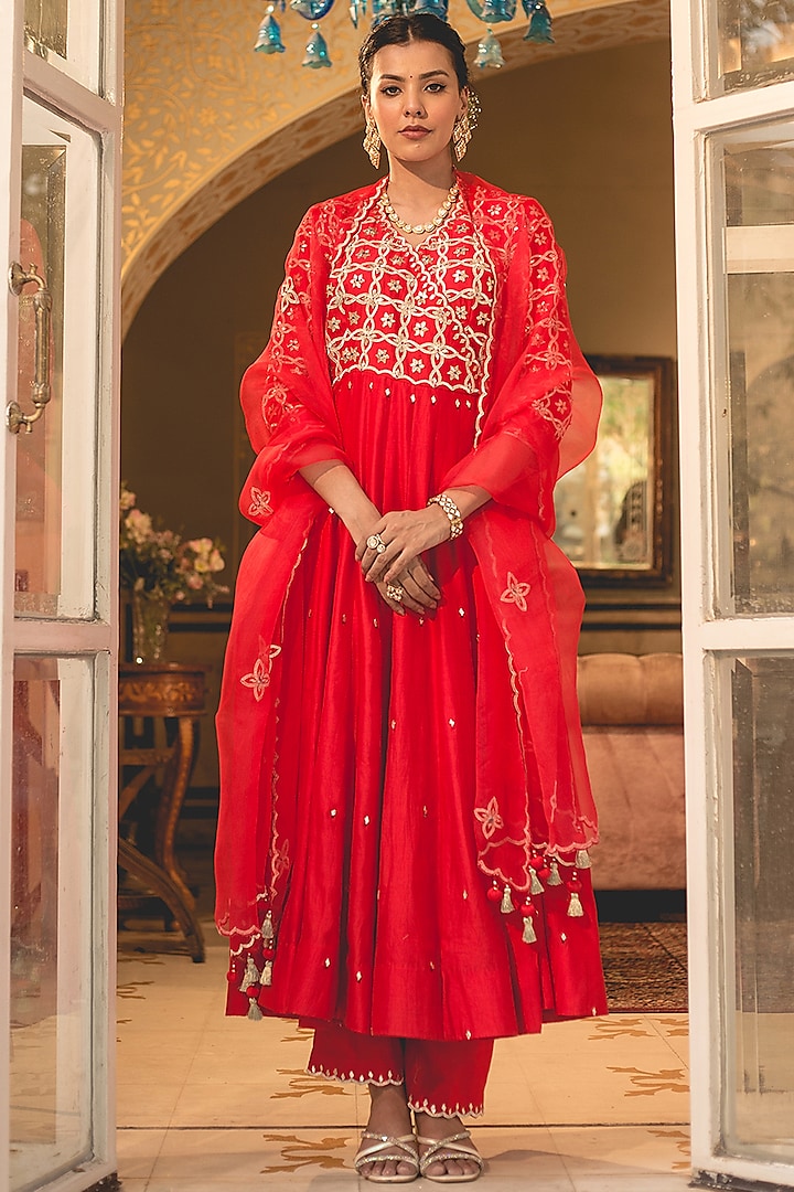 Sunset Orange Spun Silk Angrakha Kurta Set by SURBHI SHAH at Pernia's Pop Up Shop