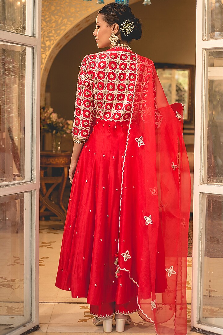 Sunset Orange Spun Silk Angrakha Kurta Set by SURBHI SHAH at Pernia's Pop Up Shop