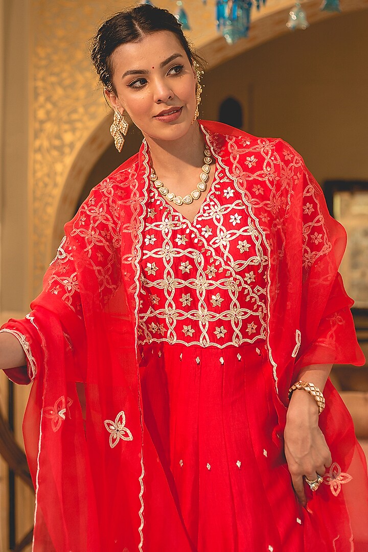 Sunset Orange Spun Silk Angrakha Kurta Set by SURBHI SHAH at Pernia's Pop Up Shop