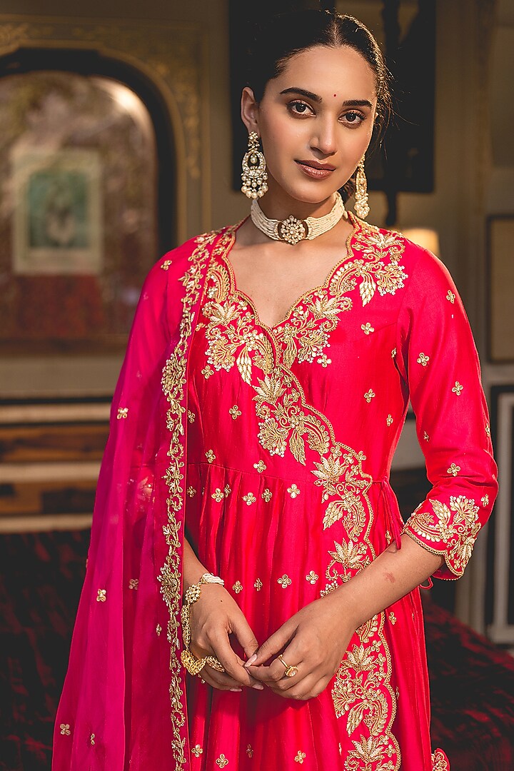 Red Pure Spun Silk Angrakha Kurta Set by SURBHI SHAH at Pernia's Pop Up Shop