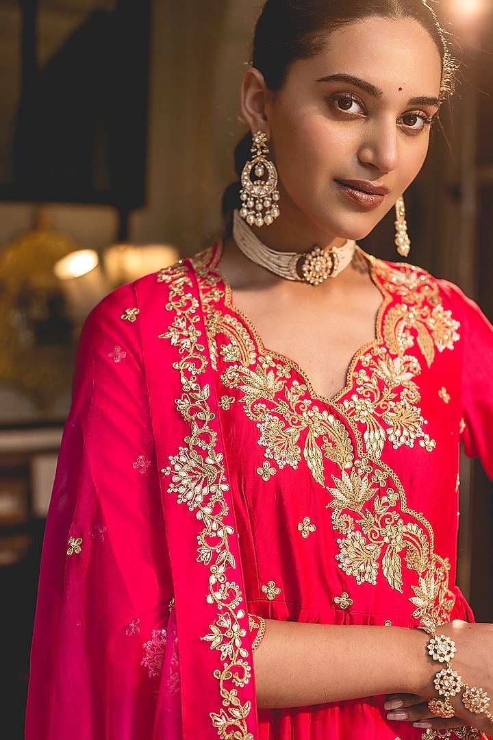 Red Pure Spun Silk Angrakha Kurta Set by SURBHI SHAH at Pernia's Pop Up Shop