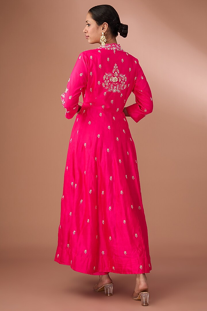 Hot Pink Pure Spun Silk Angrakha Wedding Anarkali Set by SURBHI SHAH at Pernia's Pop Up Shop