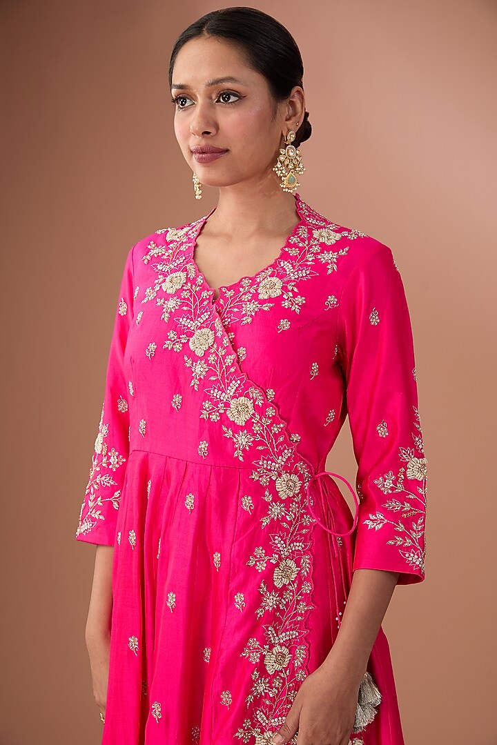 Hot Pink Pure Spun Silk Angrakha Wedding Anarkali Set by SURBHI SHAH at Pernia's Pop Up Shop