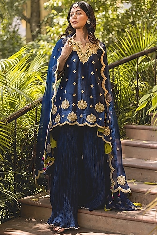 Navy Blue Crushed Sharara Set by SURBHI SHAH