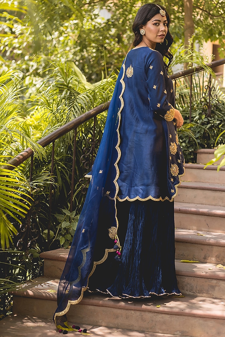 Navy Blue Crushed Wedding Sharara Set by SURBHI SHAH at Pernia's Pop Up Shop