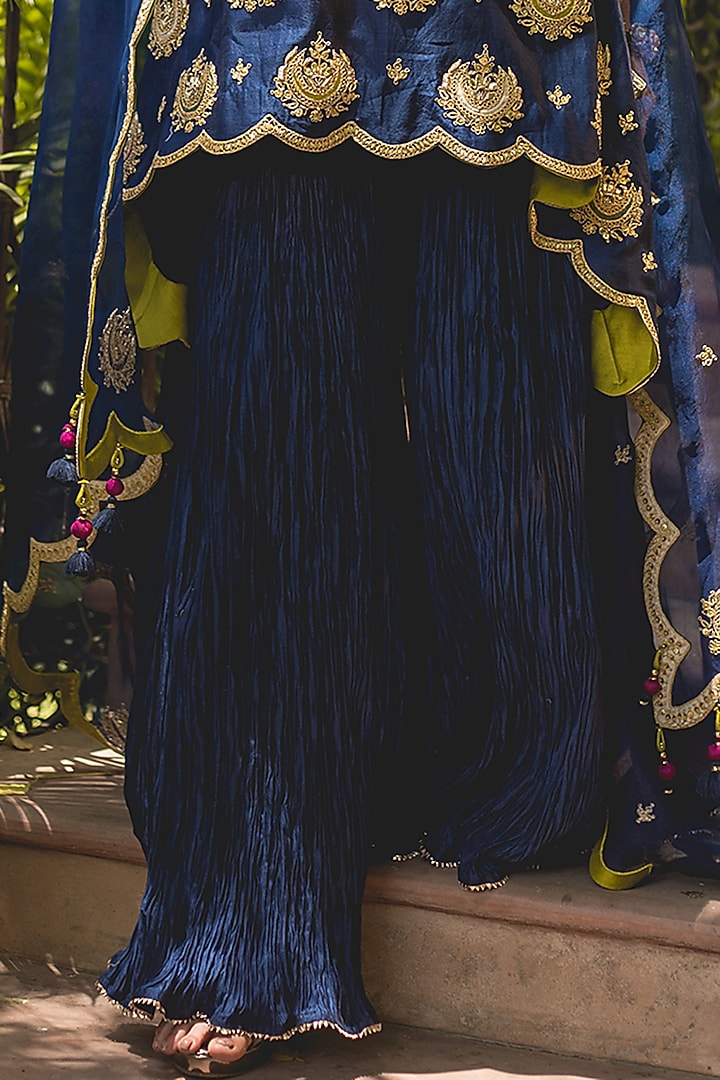 Navy Blue Crushed Wedding Sharara Set by SURBHI SHAH at Pernia's Pop Up Shop