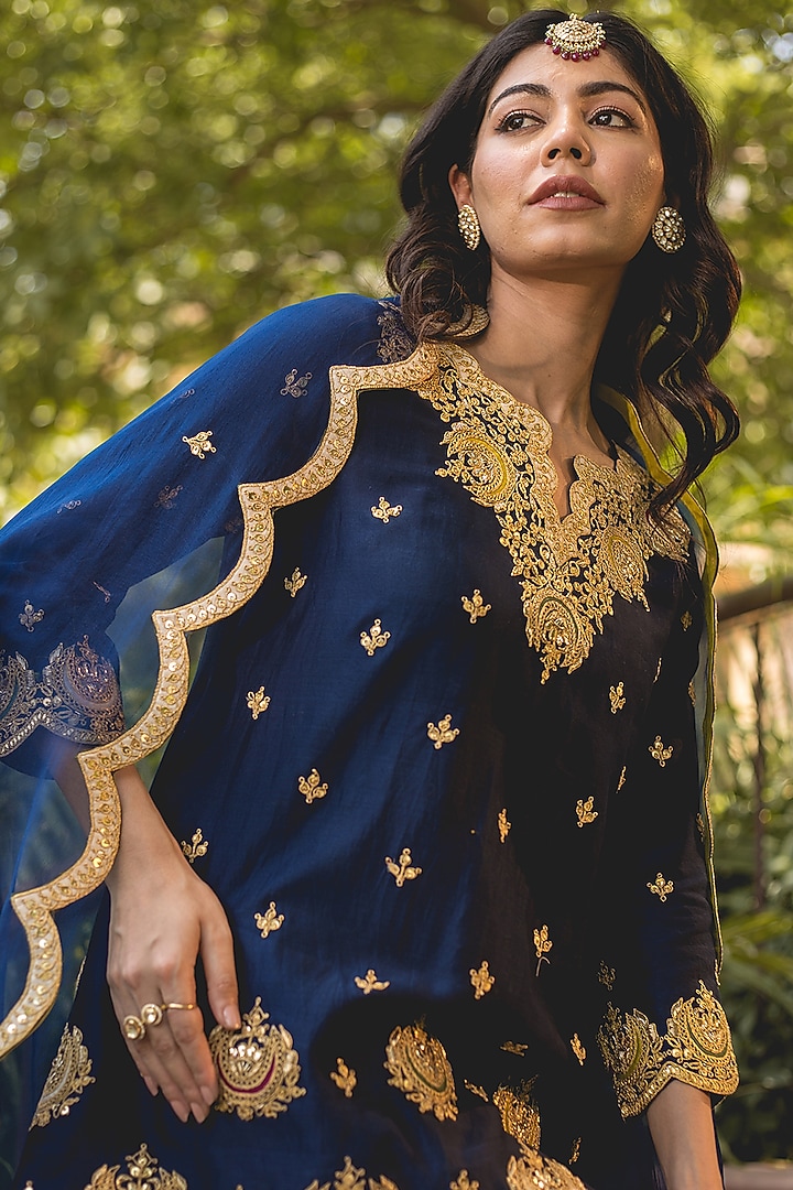Navy Blue Crushed Wedding Sharara Set by SURBHI SHAH at Pernia's Pop Up Shop