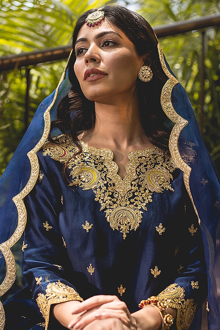 Navy Blue Crushed Wedding Sharara Set by SURBHI SHAH at Pernia's Pop Up Shop