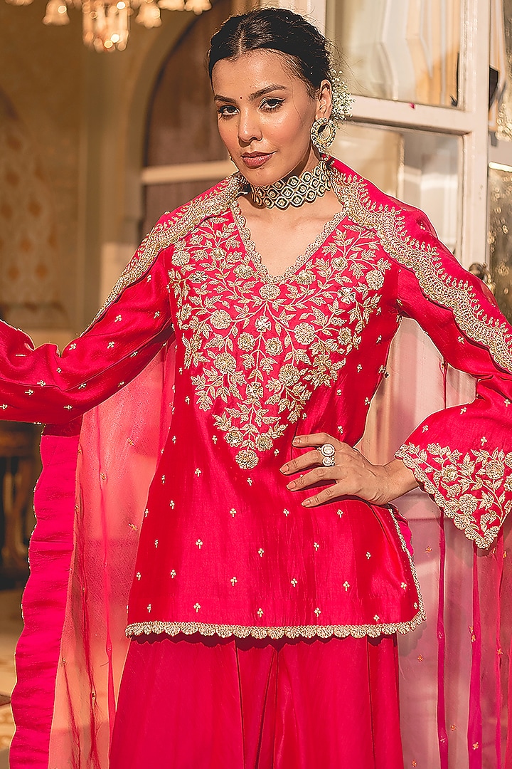 Red Organza Wedding Sharara Set by SURBHI SHAH at Pernia's Pop Up Shop