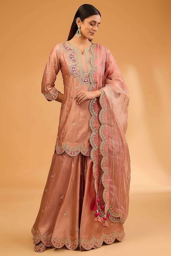 Old Rose Spun Silk Embroidered Wedding Sharara Set by SURBHI SHAH at Pernia's Pop Up Shop
