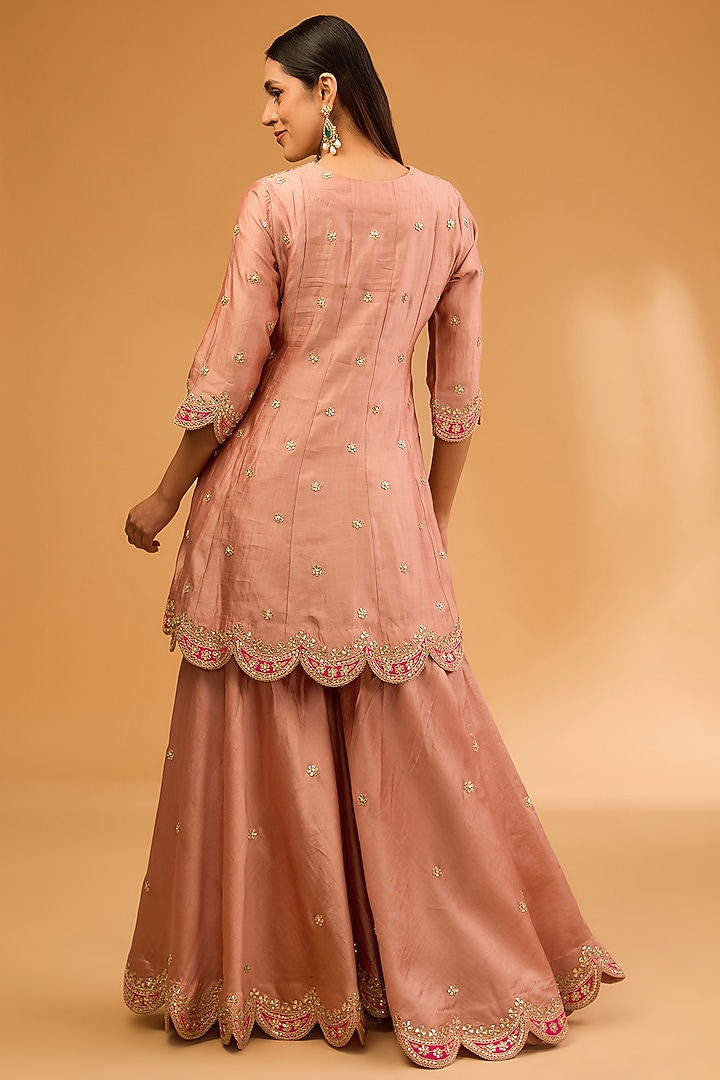 Old Rose Spun Silk Embroidered Wedding Sharara Set by SURBHI SHAH at Pernia's Pop Up Shop