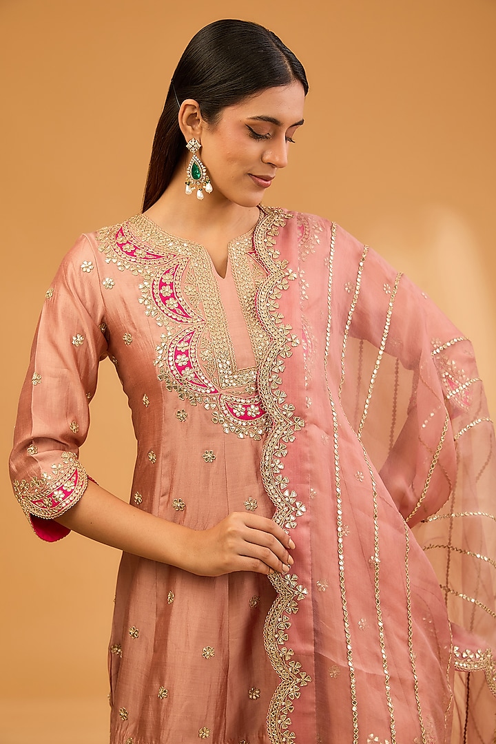 Old Rose Spun Silk Embroidered Wedding Sharara Set by SURBHI SHAH at Pernia's Pop Up Shop