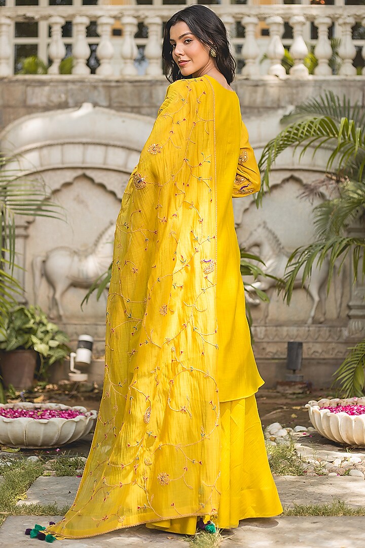 Lime Yellow Chanderi Wedding Sharara Set by SURBHI SHAH at Pernia's Pop Up Shop