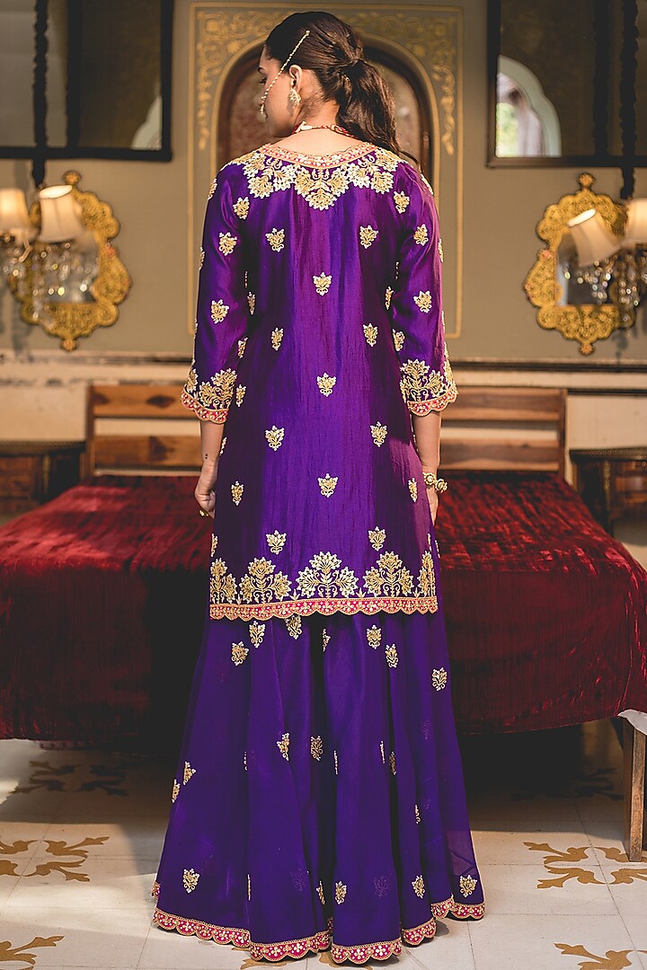 Purple Pure Spun Silk Patchwork Wedding Sharara Set by SURBHI SHAH at Pernia's Pop Up Shop