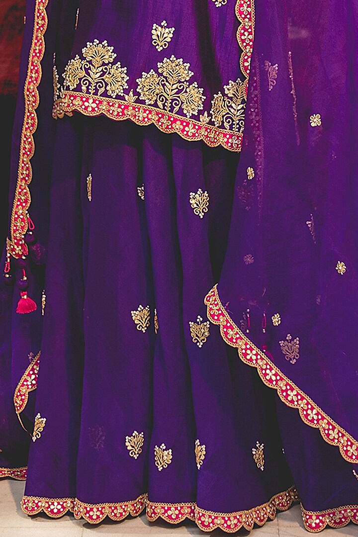 Purple Pure Spun Silk Patchwork Wedding Sharara Set by SURBHI SHAH at Pernia's Pop Up Shop