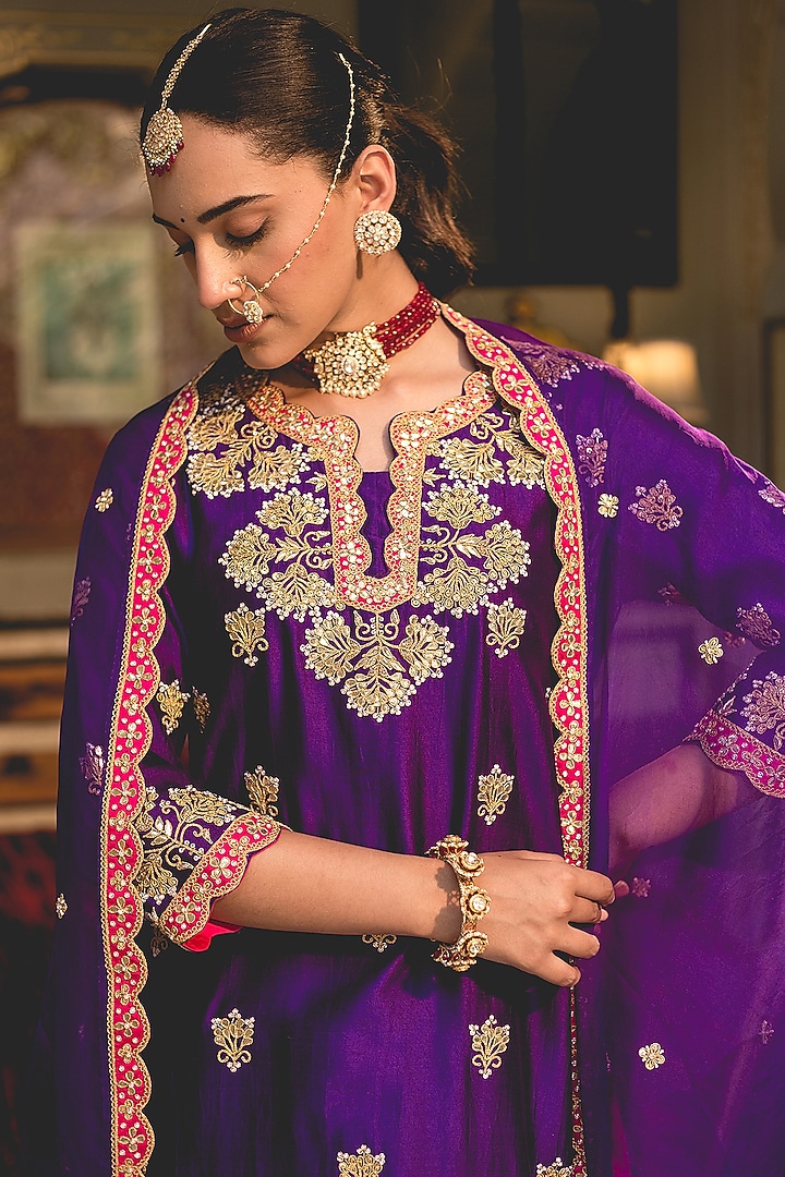 Purple Pure Spun Silk Patchwork Wedding Sharara Set by SURBHI SHAH at Pernia's Pop Up Shop