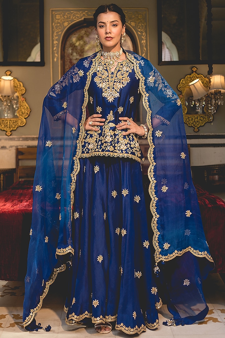 Blue Organza Wedding Sharara Set by SURBHI SHAH at Pernia's Pop Up Shop