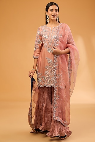 Old Rose Crush Sharara Set by SURBHI SHAH