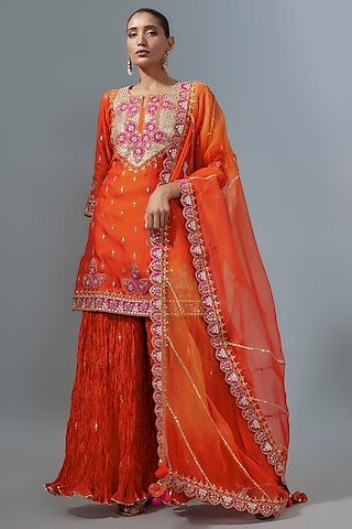 Orange Kora Silk Sharara Set by SURBHI SHAH