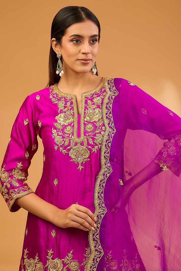Magenta Kora Silk Crush Skirt Set by SURBHI SHAH at Pernia's Pop Up Shop