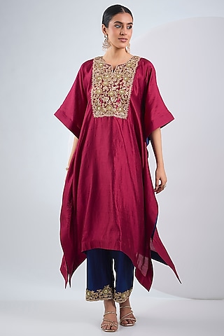 Maroon Spun Zardosi Work Kaftan Set by SURBHI SHAH
