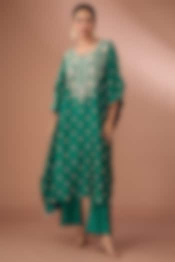 Emerald Green Pure Spun Silk Pearl Work Kaftan Set by SURBHI SHAH at Pernia's Pop Up Shop