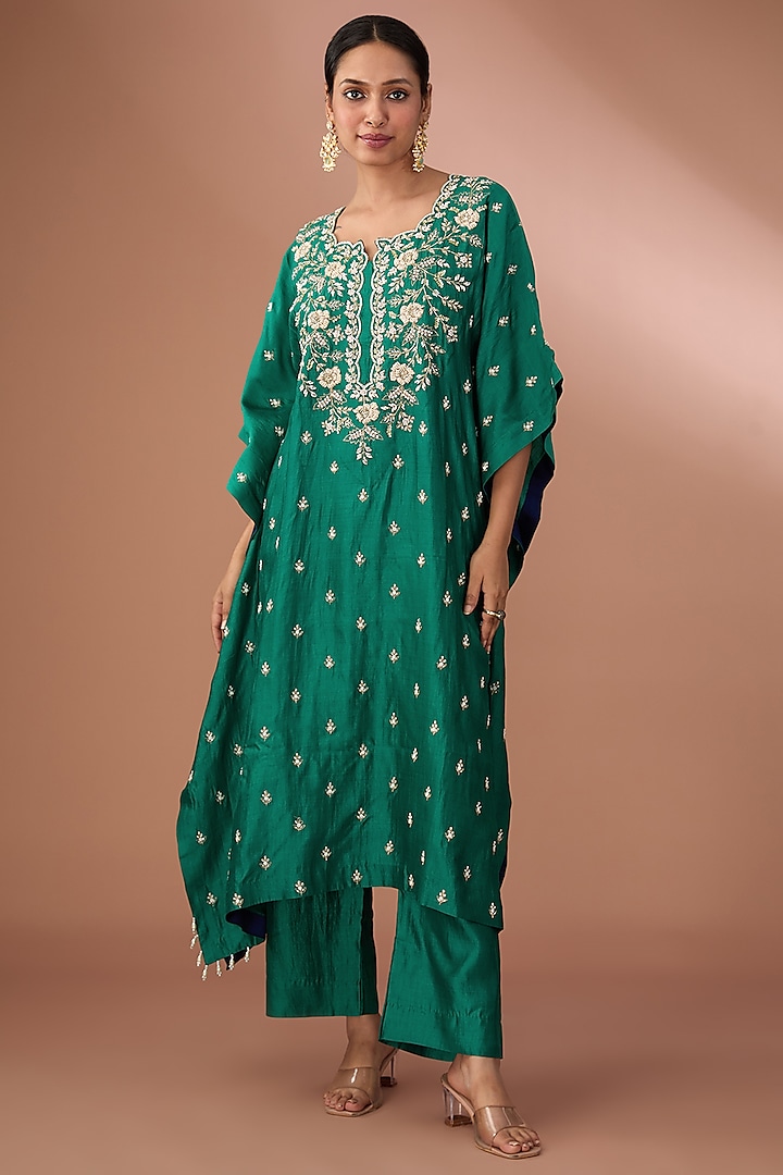 Emerald Green Pure Spun Silk Pearl Work Kaftan Set by SURBHI SHAH at Pernia's Pop Up Shop
