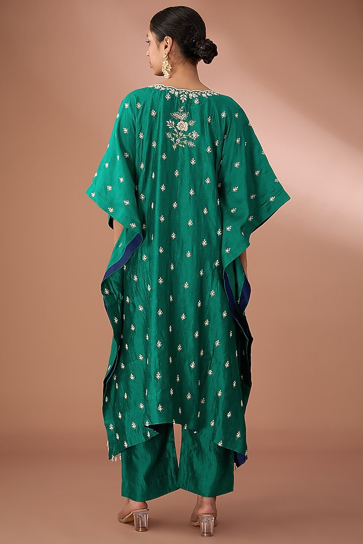 Emerald Green Pure Spun Silk Pearl Work Kaftan Set by SURBHI SHAH at Pernia's Pop Up Shop