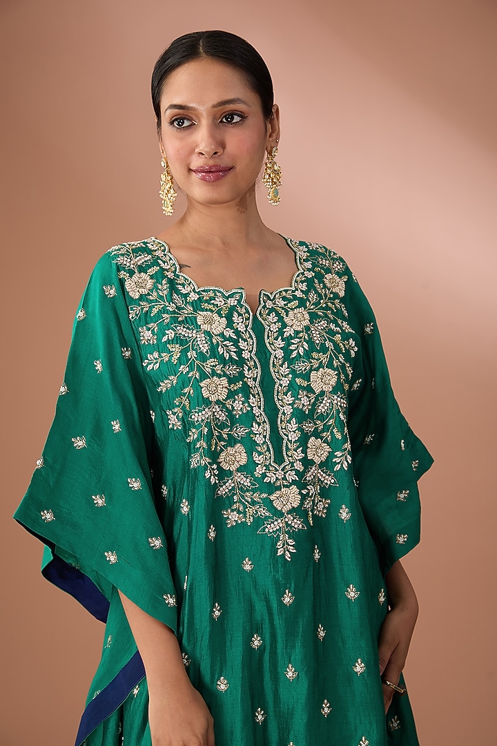 Emerald Green Pure Spun Silk Pearl Work Kaftan Set by SURBHI SHAH at Pernia's Pop Up Shop