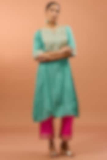 Sea Blue Pure Spun Silk Zardosi Work Kaftan Set by SURBHI SHAH at Pernia's Pop Up Shop