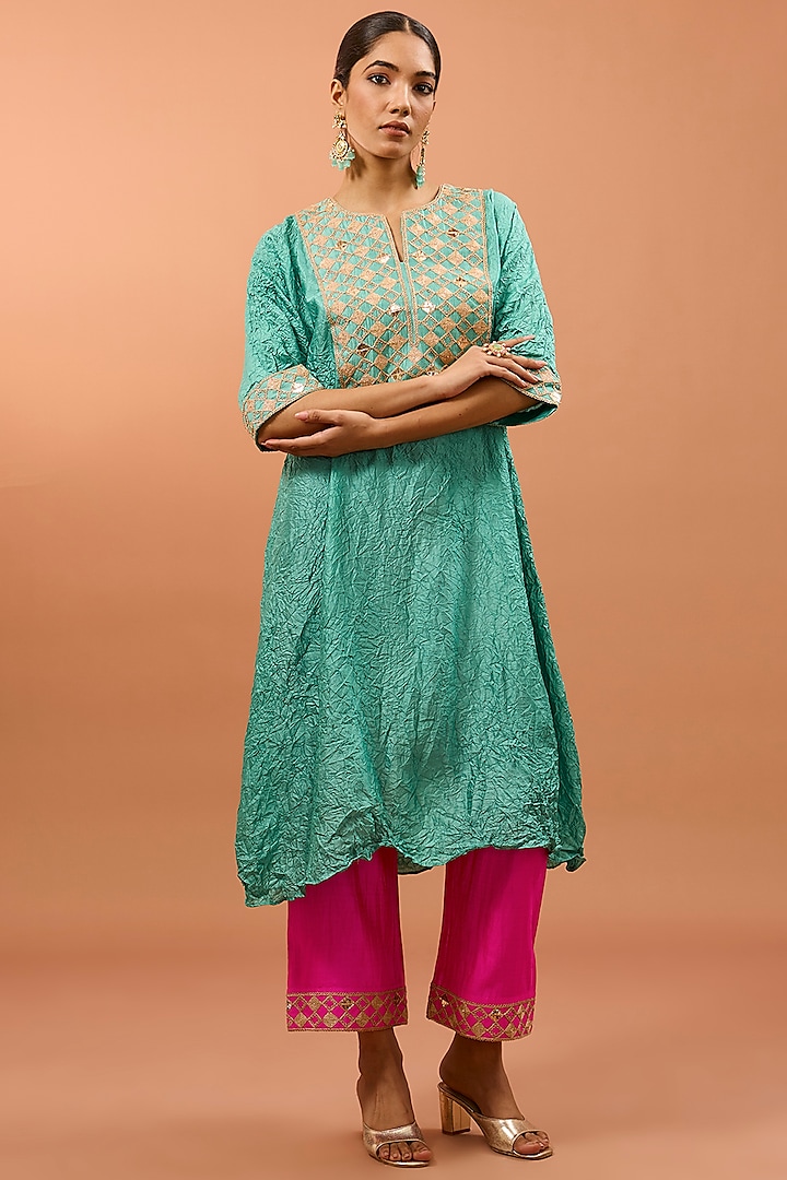 Sea Blue Pure Spun Silk Zardosi Work Kaftan Set by SURBHI SHAH at Pernia's Pop Up Shop