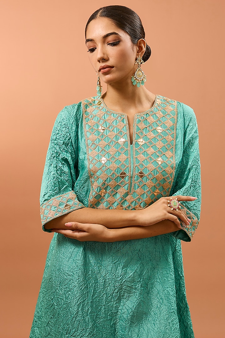 Sea Blue Pure Spun Silk Zardosi Work Kaftan Set by SURBHI SHAH at Pernia's Pop Up Shop