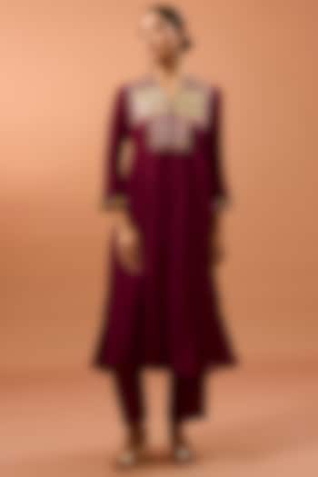 Maroon Chanderi Marori Work Party Wear Anarkali Set by SURBHI SHAH at Pernia's Pop Up Shop